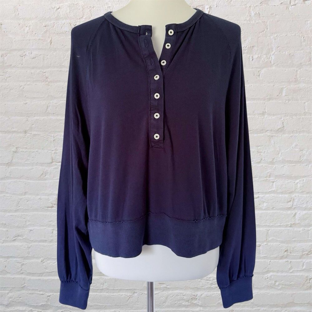 Women's Aerie Happy Snit Henley Top Tee Shirt Modal Cotton Soft Navy Blue Large